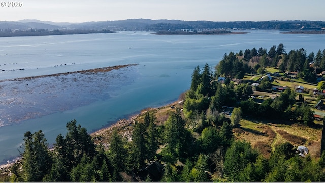 aerial view featuring a water and mountain view