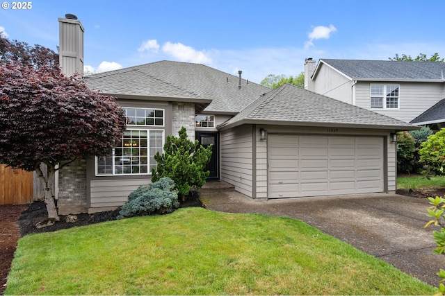 11069 SW Eschman Way, Tigard, OR 97223 - view of front facade featuring a garage, asphalt driveway, roof with shingles, and a chimney