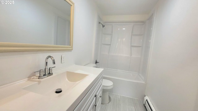 437 SE 154th Ave, Portland, OR 97233 - full bath featuring toilet, vanity, a baseboard heating unit, and bathing tub / shower combination