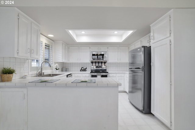8070 SW Fairway Dr, Wilsonville, OR 97070 - kitchen with stainless steel appliances, a sink, a tray ceiling, light flooring, and a peninsula