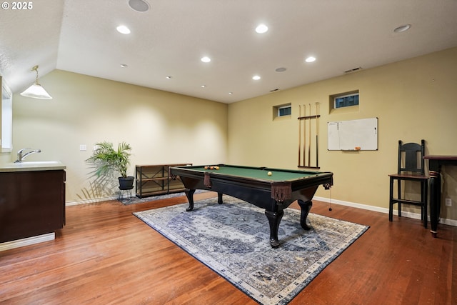 playroom featuring pool table, light wood-style floors, baseboards, a sink, and recessed lighting