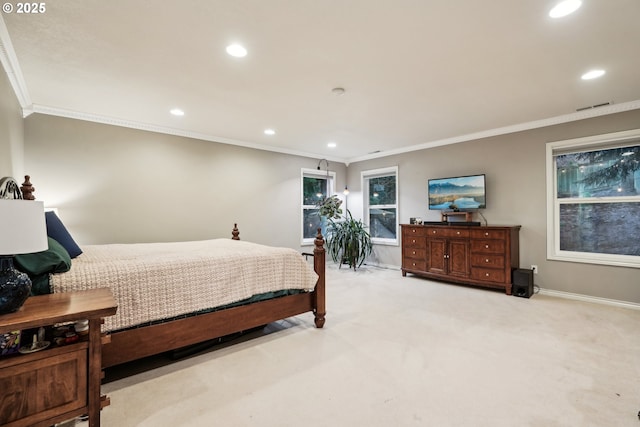 bedroom featuring crown molding, recessed lighting, light carpet, and baseboards