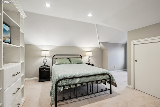 bedroom with light colored carpet, baseboards, vaulted ceiling, and recessed lighting