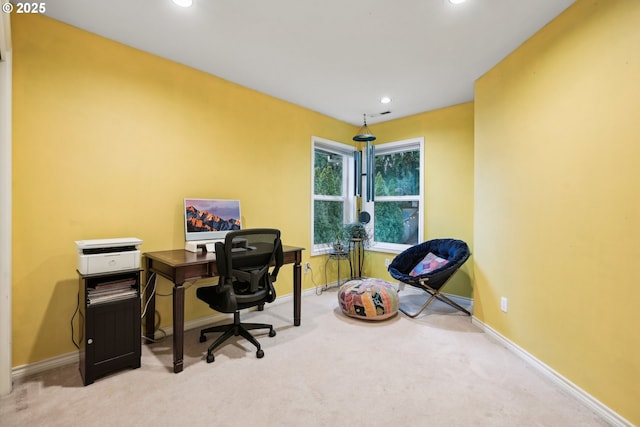 home office featuring carpet flooring, recessed lighting, and baseboards