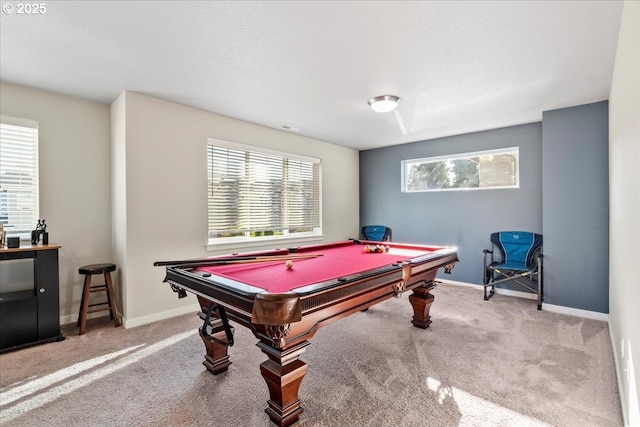 recreation room featuring a healthy amount of sunlight, billiards, and carpet