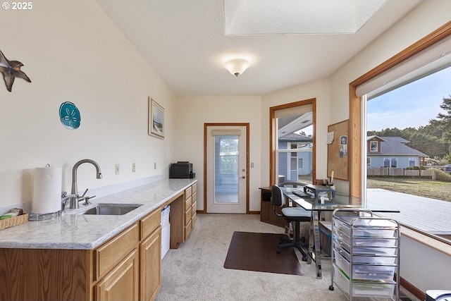 kitchen with light carpet, sink, and light stone countertops