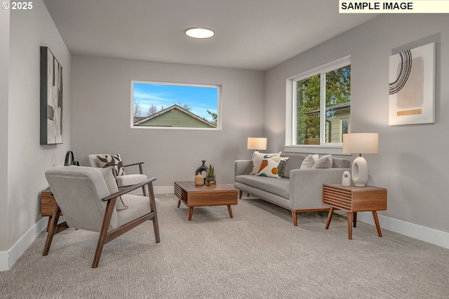 living room with carpet flooring and baseboards