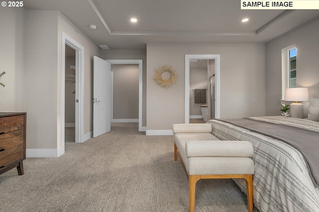 bedroom with recessed lighting, baseboards, a raised ceiling, and light carpet