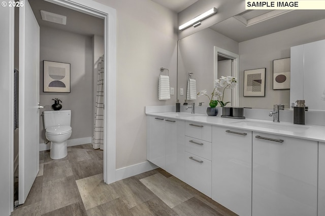 full bathroom featuring a sink, toilet, wood finished floors, and double vanity