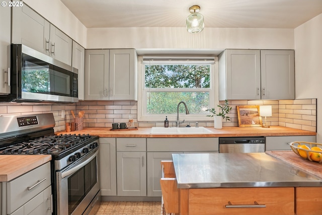 4433 NE 65th Ave, Portland, OR 97218 - kitchen with appliances with stainless steel finishes, wooden counters, backsplash, and gray cabinets