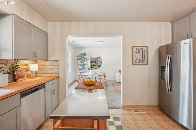 4433 NE 65th Ave, Portland, OR 97218 - kitchen featuring stainless steel appliances, light floors, gray cabinetry, and wooden counters
