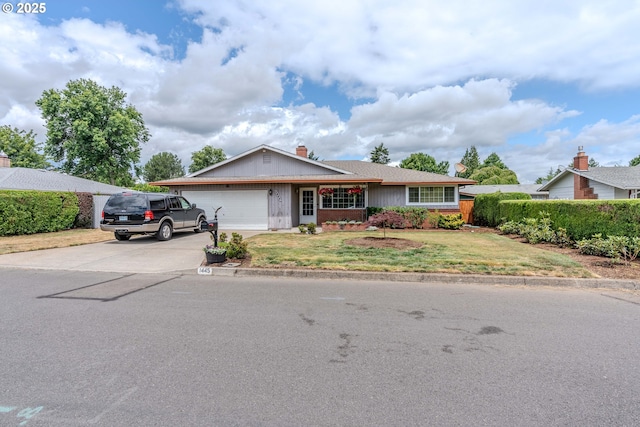 1445 NE 17th St, Gresham, OR 97030 - ranch-style house with a garage, concrete driveway, a front yard, a chimney, and brick siding