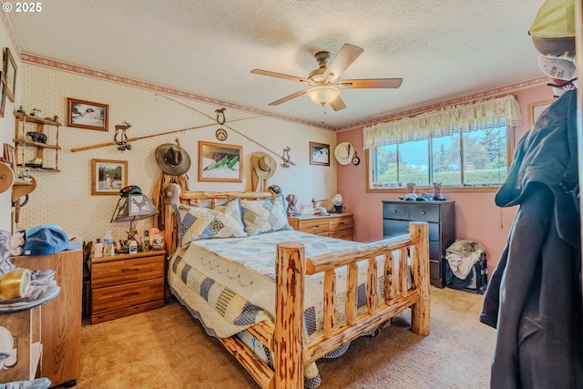 1445 NE 17th St, Gresham, OR 97030 - bedroom with light carpet, a textured ceiling, ceiling fan, and ornamental molding