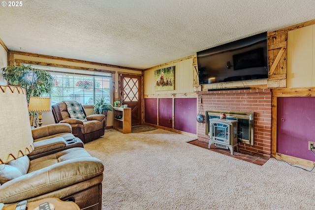 1445 NE 17th St, Gresham, OR 97030 - living area featuring carpet, a textured ceiling, and a wood stove