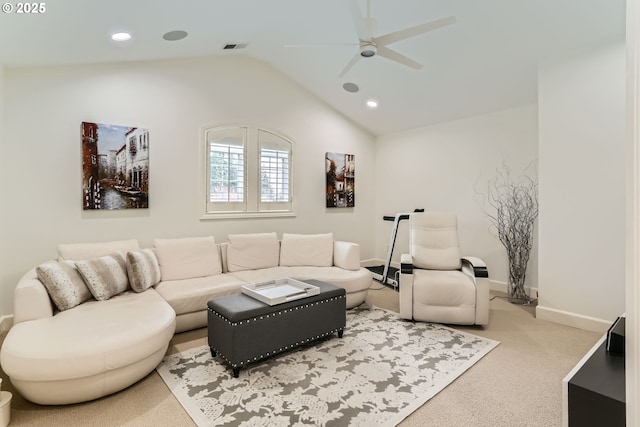18350 SW Florendo Ln, Beaverton, OR 97007 - living room with ceiling fan, recessed lighting, carpet flooring, and lofted ceiling