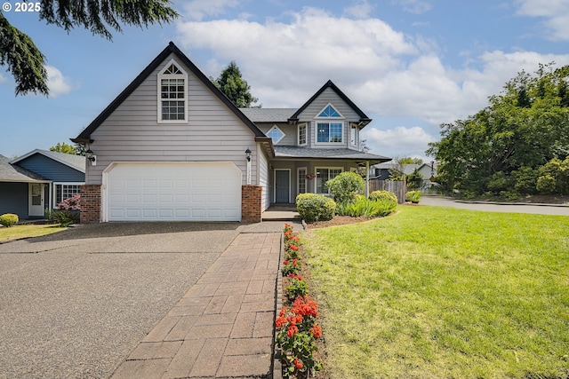13326 SW Shore Dr, Portland, OR 97223 - view of front of property with asphalt driveway, a front yard, brick siding, a shingled roof, and a garage