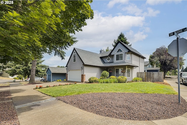 13326 SW Shore Dr, Portland, OR 97223 - traditional-style house featuring a garage, a shingled roof, driveway, and a chimney