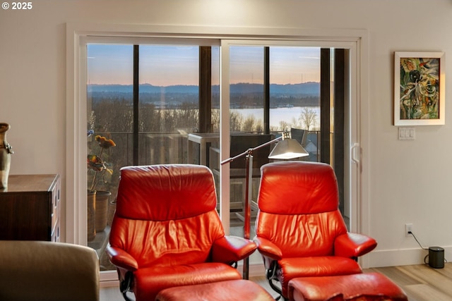 living area with hardwood / wood-style flooring, a wealth of natural light, and a water view