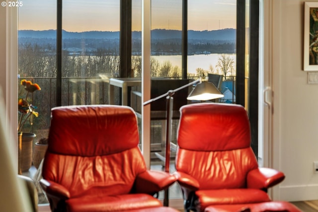 living area featuring a water and mountain view