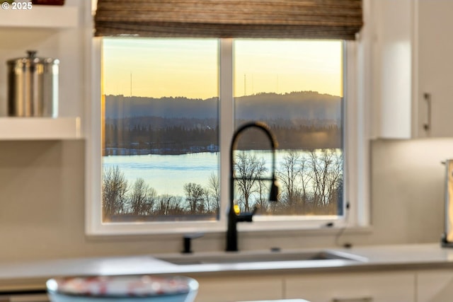 interior details with a water view, sink, and white cabinets