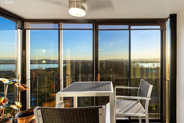 sunroom / solarium featuring a water view