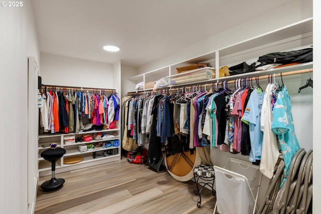 walk in closet with hardwood / wood-style floors