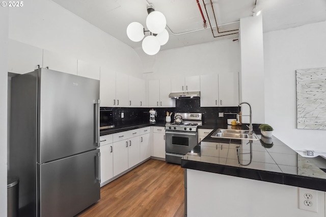 kitchen featuring under cabinet range hood, a sink, white cabinetry, dark countertops, and stainless steel appliances