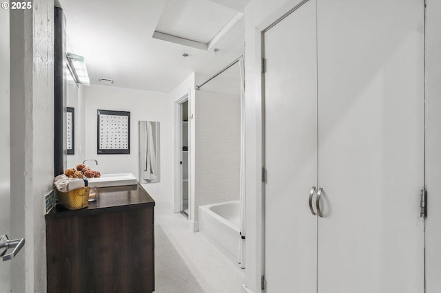 full bathroom featuring walk in shower, a tub to relax in, vanity, and visible vents