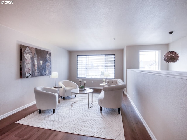 living room featuring wood-type flooring and a textured ceiling