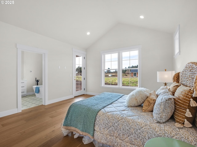 bedroom with baseboards, access to exterior, vaulted ceiling, light wood-type flooring, and recessed lighting