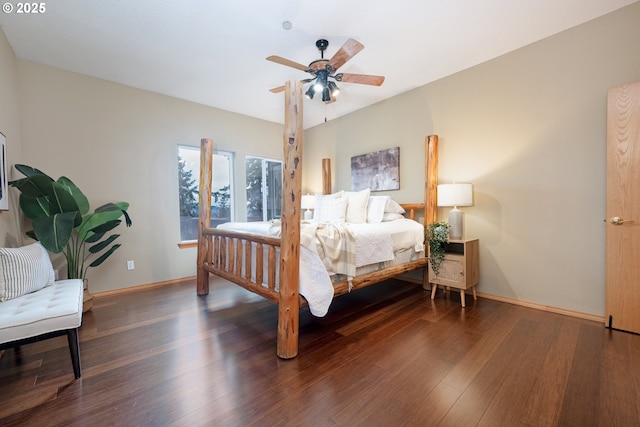 bedroom with ceiling fan and dark hardwood / wood-style flooring