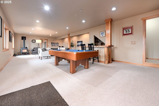 14788 S Burkstrom Rd, Oregon City, OR 97045 - game room with a wood stove, carpet flooring, recessed lighting, and pool table