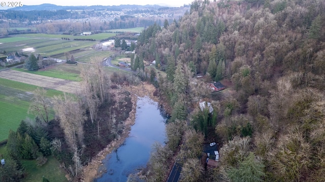 aerial view featuring a water view and a rural view