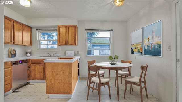 kitchen featuring sink, dishwasher, and a textured ceiling