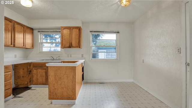 kitchen featuring kitchen peninsula, a textured ceiling, and sink