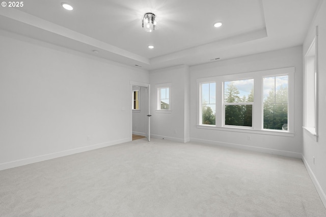 unfurnished room with light colored carpet and a tray ceiling