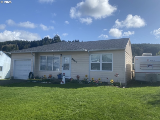 2684 Highlands Dr, Reedsport, OR 97467 - view of front of home with an attached garage, a front lawn, and a shingled roof