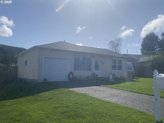 2684 Highlands Dr, Reedsport, OR 97467 - ranch-style home featuring gravel driveway, a garage, and a front lawn