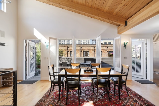 1240 NW Hoyt St Unit 6, Portland, OR 97209 - dining room with wood finished floors, beamed ceiling, baseboards, high vaulted ceiling, and wood ceiling