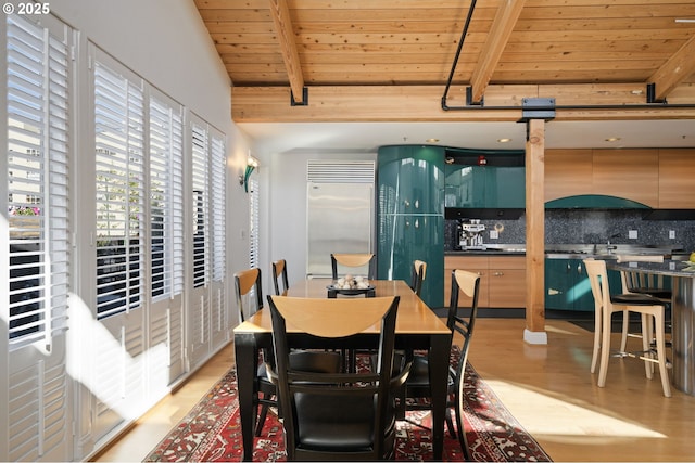 1240 NW Hoyt St Unit 6, Portland, OR 97209 - dining space featuring wood ceiling, beamed ceiling, and light wood finished floors