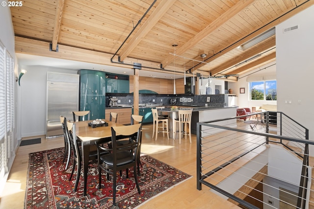 1240 NW Hoyt St Unit 6, Portland, OR 97209 - dining space with visible vents, vaulted ceiling with beams, light wood-style floors, and wooden ceiling