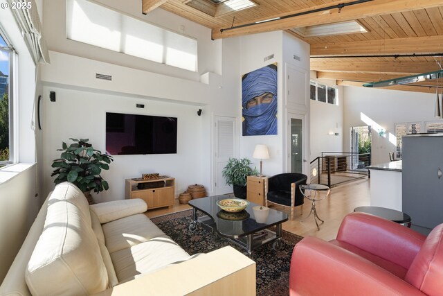 1240 NW Hoyt St Unit 6, Portland, OR 97209 - living area with wood ceiling, a towering ceiling, light wood-type flooring, beamed ceiling, and a wealth of natural light