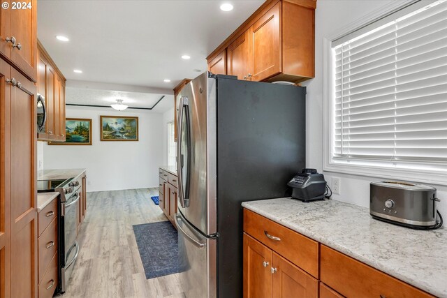 kitchen with light stone countertops, light hardwood / wood-style flooring, plenty of natural light, and appliances with stainless steel finishes