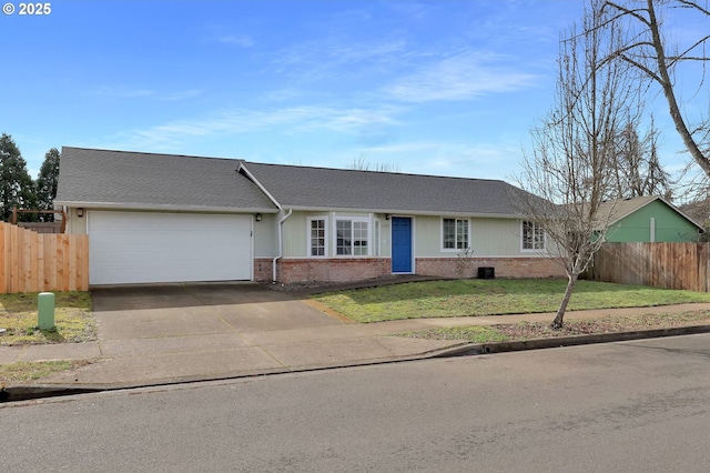 ranch-style home featuring brick siding, concrete driveway, an attached garage, fence, and a front yard