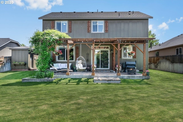 802 NW Green Forest Cir, Redmond, OR 97756 - back of house featuring a patio, an outdoor living space with a fire pit, and a shed