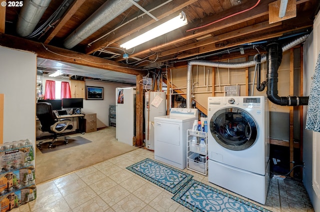 589 NW 3rd Ave, Canby, OR 97013 - laundry room with electric water heater, washing machine and clothes dryer, carpet flooring, and a desk