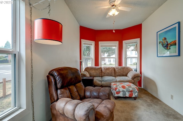 589 NW 3rd Ave, Canby, OR 97013 - living area featuring carpet floors, ceiling fan, and healthy amount of natural light