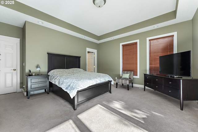 carpeted bedroom with a raised ceiling