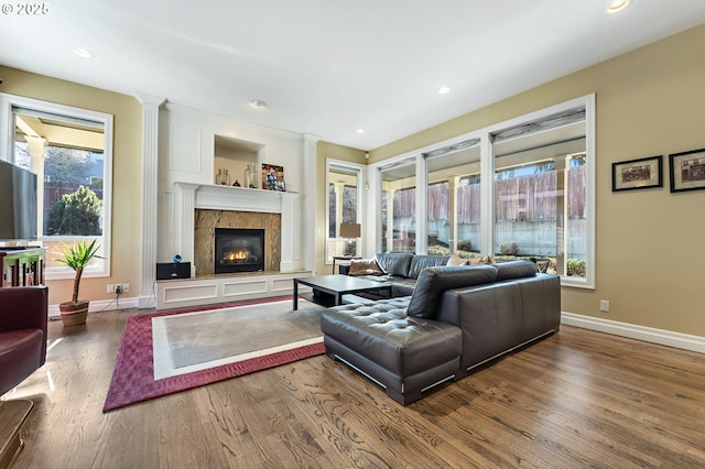 living room featuring hardwood / wood-style flooring, a wealth of natural light, and a high end fireplace