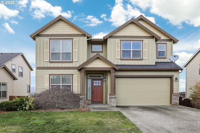 craftsman house with driveway, a front lawn, board and batten siding, and an attached garage